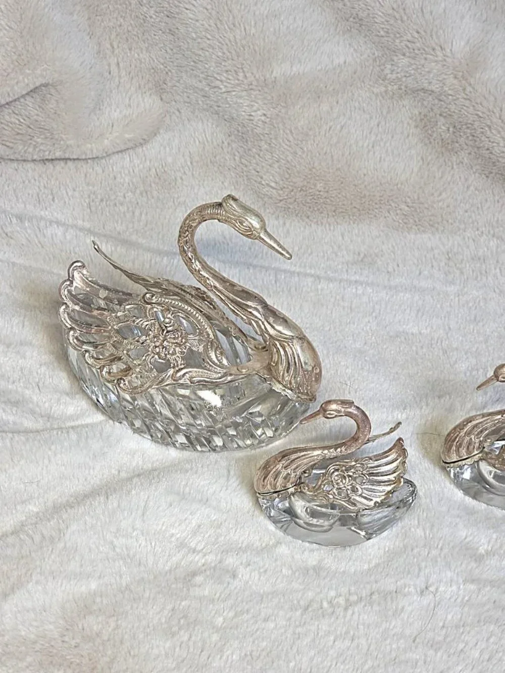 Vintage German Sterling Silver & Crystal Swan Master Salt Cellar Set of 3 - #F